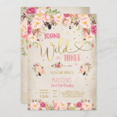 Boho Young Wild and Three Birthday Invitation Kaart (Voorkant / Achterkant)