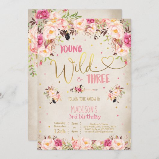 Boho Young Wild and Three Birthday Invitation Kaart (Voorkant / Achterkant)