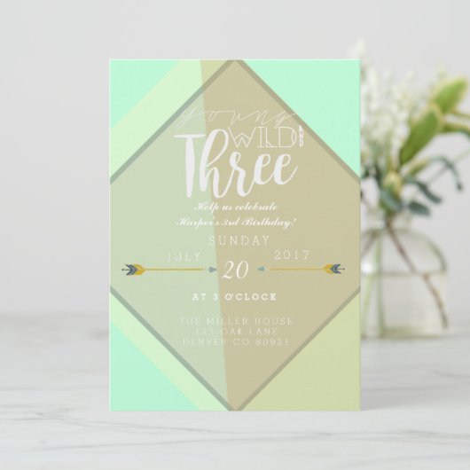 Boho Young Wild & Drie | 3e verjaardag feest Kaart (Staand voorkant)