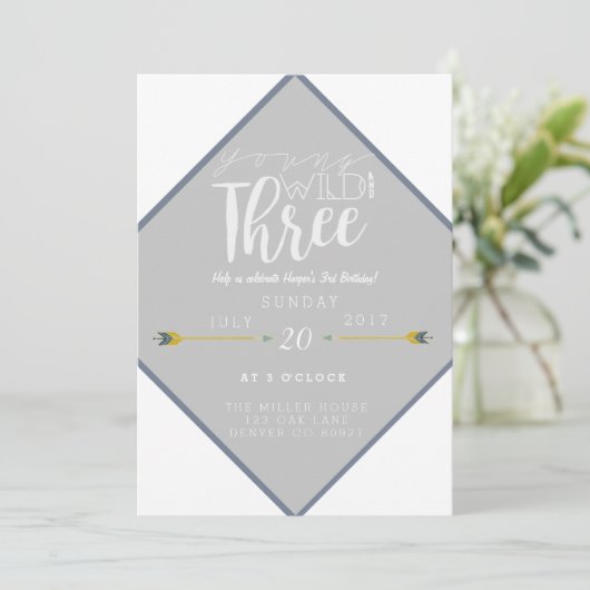 Boho Young Wild & Drie | 3e verjaardag feest Kaart (Staand voorkant)