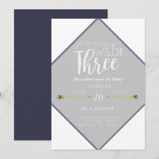 Boho Young Wild & Drie | 3e verjaardag feest Kaart (Voorkant / Achterkant)