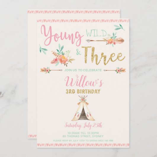 Boho Young Wild en 3e verjaardag Girl Kaart (Voorkant / Achterkant)