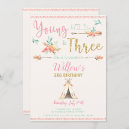 Boho Young Wild en 3e verjaardag Girl Kaart