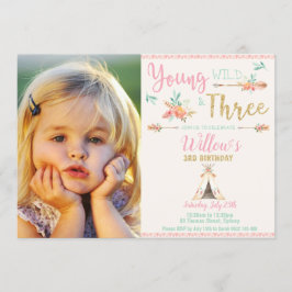 Boho Young Wild en Drie 3e verjaardag Girl Foto Kaart