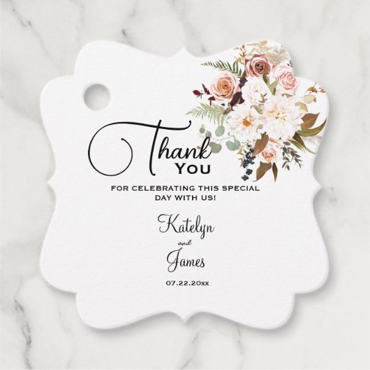 Boho Zacht Gekleurde Rozen/Witte Bloemen Huwelijk Bedankjes Labels (Voorkant)