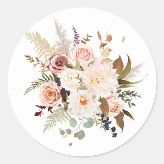 Boho Zacht Gekleurde Rozen Witte Bloemen Huwelijk Ronde Sticker (Voorkant)