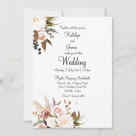 Boho Zacht Gekleurde Rozen & Witte Bloemen Wedding Kaart (Voorkant)