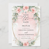 Boho zacht pastel roze bloemen groen en goud save the date (Voorkant)