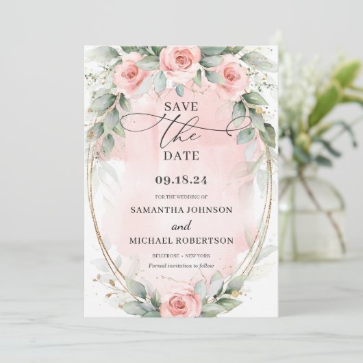Boho zacht pastel roze bloemen groen en goud save the date (Staand voorkant)