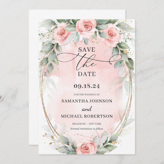 Boho zacht pastel roze bloemen groen en goud save the date (Voorkant / Achterkant)