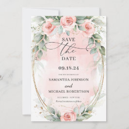 Boho zacht pastel roze bloemen groen en goud save the date