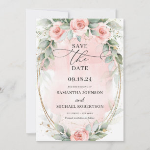 Boho zacht pastel roze bloemen groen en goud save the date
