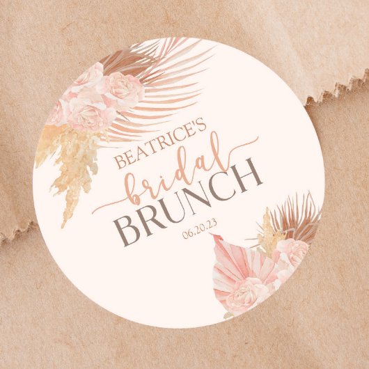 Boho Zacht Roze Bloemige Bruiloftsdiner Brunch Ronde Sticker