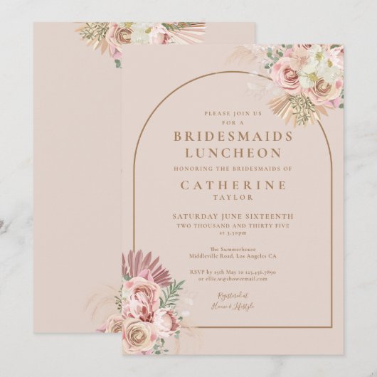 Boho Zacht Roze Pampas Gras Bruidsmeisjes Luncheon Kaart (Voorkant / Achterkant)