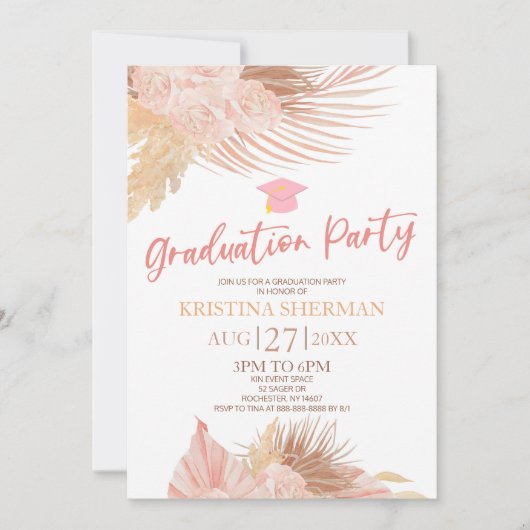 Boho Zachte Roze Bloemen Afstudeerfeest Kaart (Voorkant)