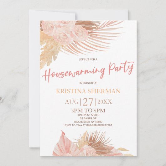 Boho Zachte Roze Bloemen Bloem Housewarming Party Kaart (Voorkant)