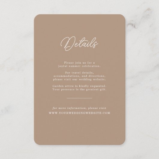 Boho Zand Minimalistische Script Trouwdetails Kaar Informatiekaartje (Voorkant)
