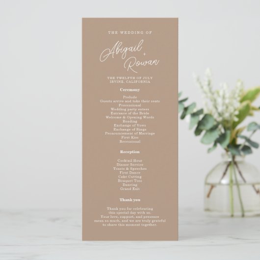 Boho Zand Script Minimalistisch Huwelijksprogramma Kaart (Staand voorkant)