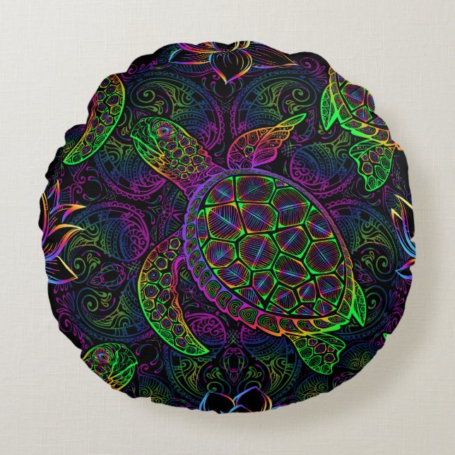 Boho Zee Schildpad: psychedelisch Mandala-patroon Rond Kussen (Voorkant)
