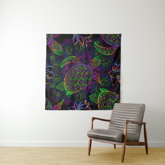 Boho Zee Schildpad: psychedelisch Mandala-patroon Wandkleed (In Situ (horizontaal))