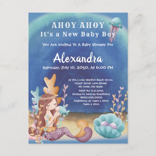 Boho Zeemeermin, Onder het Zee Boy Baby shower Uitnodiging Briefkaart (Voorkant)
