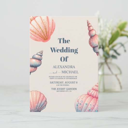 Boho zeeschelpen strand unieke bruiloft kaart (Staand voorkant)