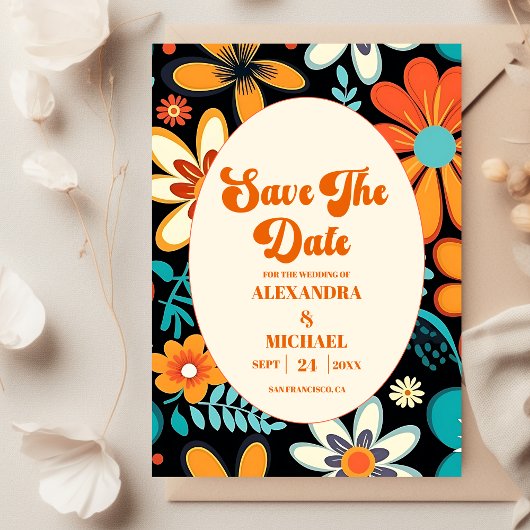 Boho Zeventiger Jaren Retro Bloem Bruiloft Save The Date
