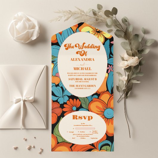 Boho Zeventiger Jaren Retro Bloemige Bruiloft All In One Uitnodiging