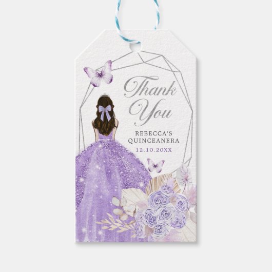 Boho zilver Paarse bloemvlinder quinceañera Cadeaulabel (Voorkant)