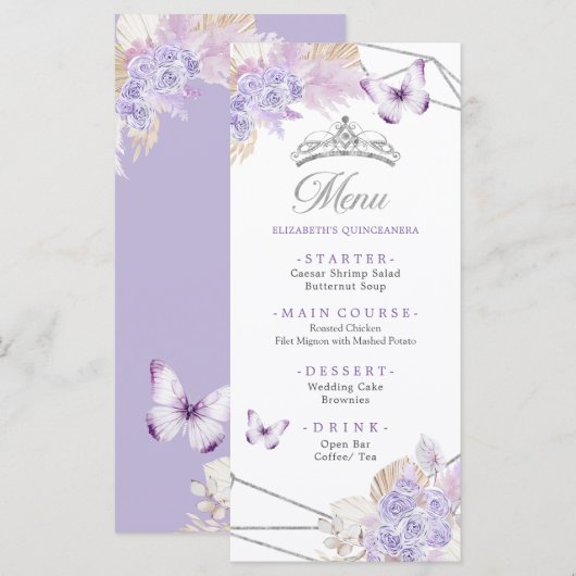 Boho zilver Paarse bloemvlinder quinceañera Menu (Voorkant / Achterkant)