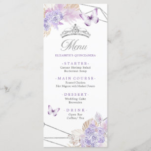 Boho zilver Paarse bloemvlinder quinceañera Menu