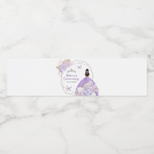 Boho zilver Paarse bloemvlinder quinceañera Waterfles Etiket (Enkel label)