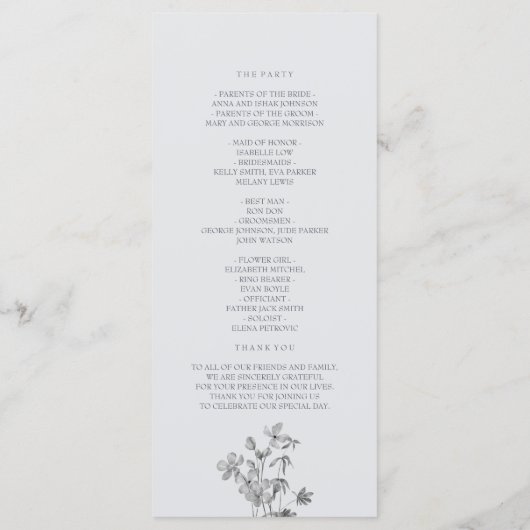 Boho Zilveren Bloemen Bruiloftsprogramma Programmakaart (Achterkant)