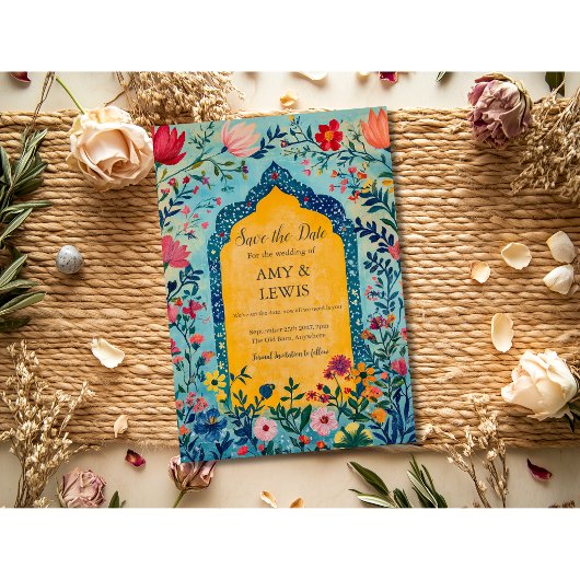 Boho Zomer Blauw Bloemig Bewaar de Datum Uitnodigi Save The Date