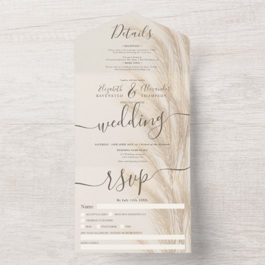 Boho zomer pampas gras waterverf bruiloft all in one uitnodiging (Binnen)