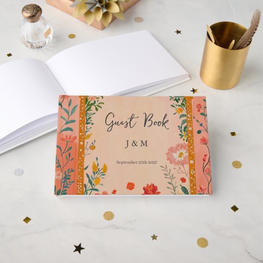 Boho Zomer Roze Bloemachtige Bruiloft Gastenboek (Voorkant open)