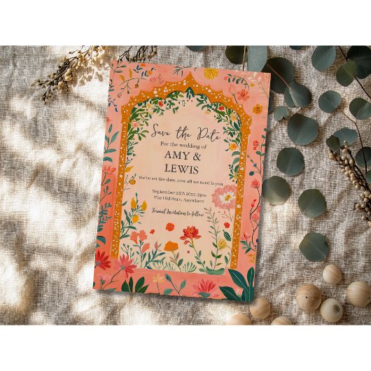 Boho zomer roze bloemige save the date uitnodiging