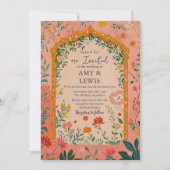Boho zomer roze bloemige trouwuitnodiging kaart (Voorkant)