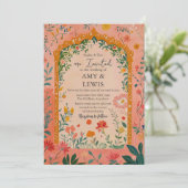 Boho zomer roze bloemige trouwuitnodiging kaart (Staand voorkant)