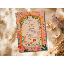 Boho zomer roze bloemige trouwuitnodiging