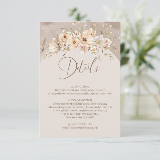 Boho zomer Rustieke neutrale wildflower details ka Informatiekaartje (Staand voorkant)