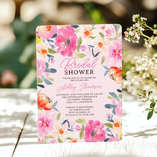 Boho Zomer Waterverf Roze Bloemen Vrijgezellenfees Kaart