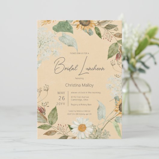 Boho Zomer Zonnebloem & Daisy Gouden Bruids Lunche Kaart (Staand voorkant)