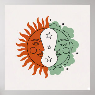 Boho Zon en Maan Gezicht Terracotta Salie Groene K Poster