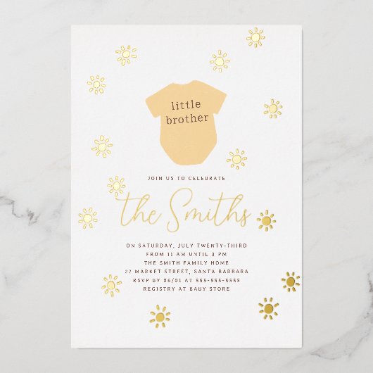 Boho zon klein broertje glanzend zonneschijn Baby Folie Uitnodiging (Voorkant)