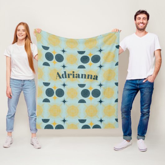 Boho zon maan sterren baby blauw geel gepersonalis fleece deken (In situ)