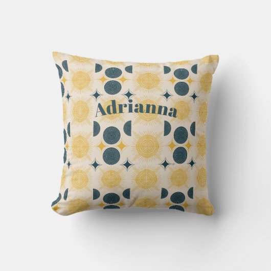 Boho zon maan sterren blauw geel gepersonaliseerd kussen (Voorkant)