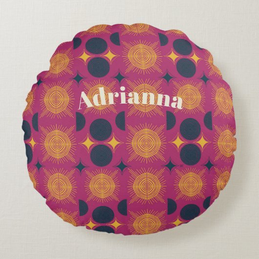 Boho Zon Maan Sterren Roze Blauw Geel Persoonlijk Rond Kussen (Voorkant)