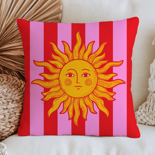 BOHO Zon op Rode en Roze Strepen Retro Maximalist  Kussen (Creator heeft geüpload)
