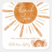 Boho zon regenboog sinaasappel baby shower dank u vierkante sticker (Voorkant)